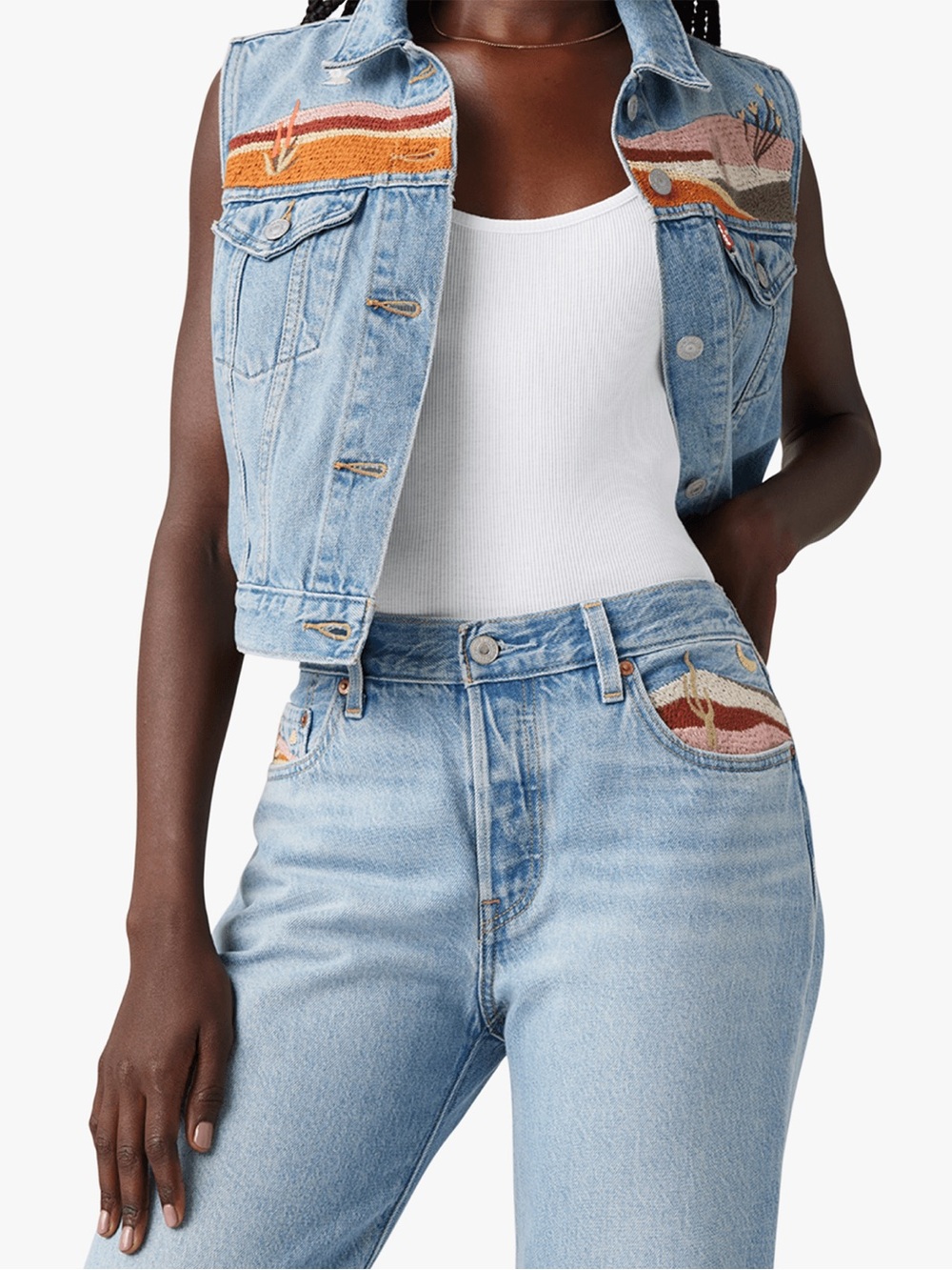 Levi's Light Blue Desert Utopia Embroidered Denim Vest and 501 90’s Jeans Set